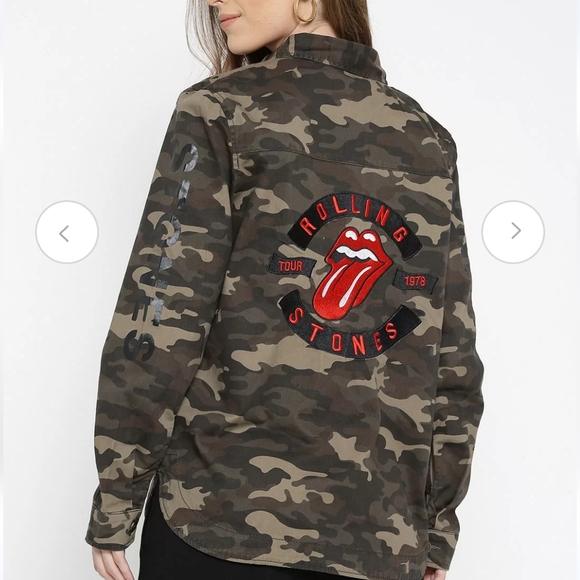 FOREVER21 Olive Jean Camouflage Rolling Stones Patch Utility Jacket - Picture 3 of 12